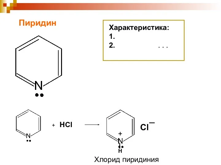 Пиридин Характеристика: 1. 2. . . . + НСl Сl Н + Хлорид пиридиния