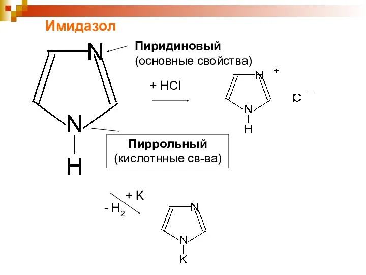 Имидазол + HCl + K - H2 Пиридиновый (основные свойства) Пиррольный (кислотнные св-ва)