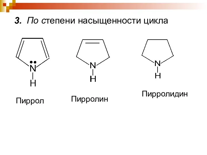 Пиррол Пирролин Пирролидин 3. По степени насыщенности цикла