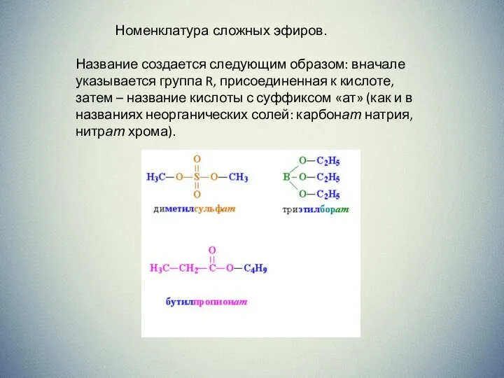 Номенклатура сложных эфиров. Название создается следующим образом: вначале указывается группа R,