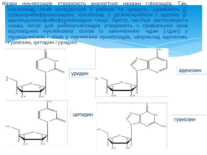 Назви нуклеозидів утворюють аналогічно назвам глікозидів. Так, нуклеозид, який складається з