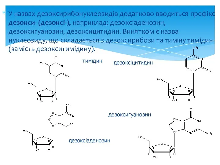 У назвах дезоксирибонуклеозидів додатково вводиться префікс дезокси- (дезоксі-), наприклад: дезоксіаденозин, дезоксигуанозин,