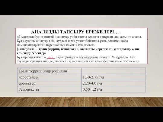 АНАЛИЗДЫ ТАПСЫРУ ЕРЕЖЕЛЕРІ… α2-макроглобулин деңгейін анықтау үшін қанды венадан таңертең, аш