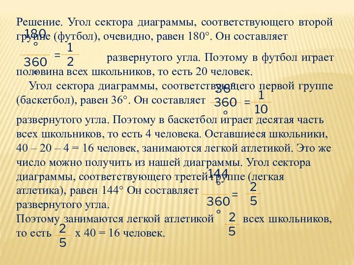 Решение. Угол сектора диаграммы, соответствующего второй группе (футбол), очевидно, равен 180°.