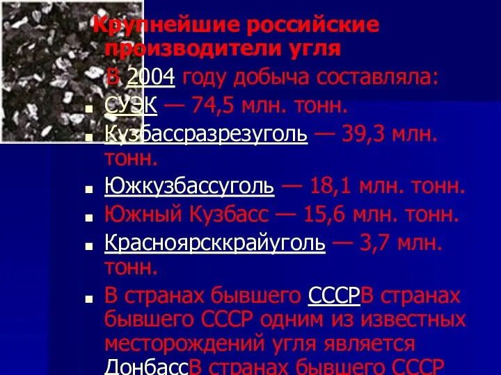 Крупнейшие российские производители угля В 2004 году добыча составляла: СУЭК —