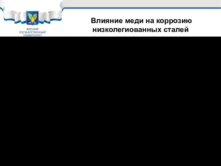 Влияние меди на коррозию низколегиованных сталей Примеры сталей: 10ХСНД, 10Г2С1Д, 10ХДНП, 09Г2Д, 18Г2АФ(Д)