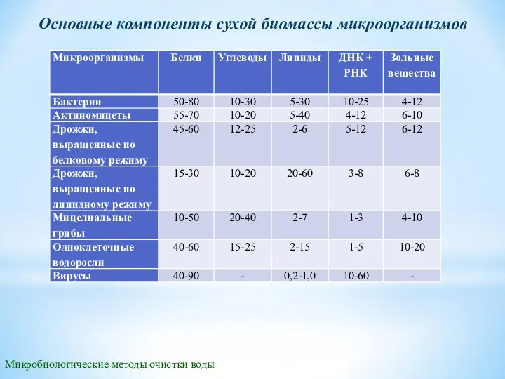 Микробиологические методы очистки воды Основные компоненты сухой биомассы микроорганизмов