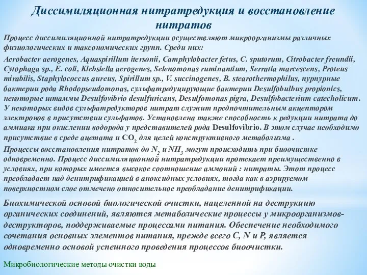 Микробиологические методы очистки воды Диссимиляционная нитратредукция и восстановление нитратов Процесс диссимиляционной