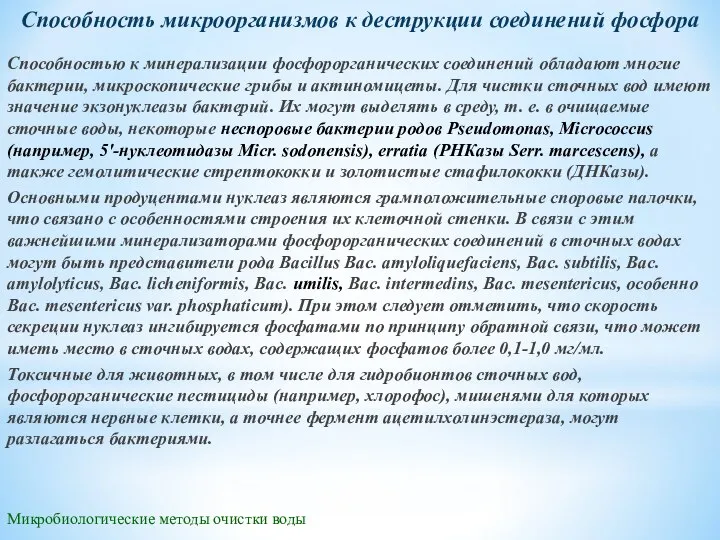 Микробиологические методы очистки воды Способность микроорганизмов к деструкции соединений фосфора Способностью