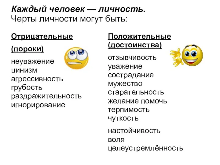 Каждый человек — личность. Черты личности могут быть: Отрицательные (пороки) неуважение