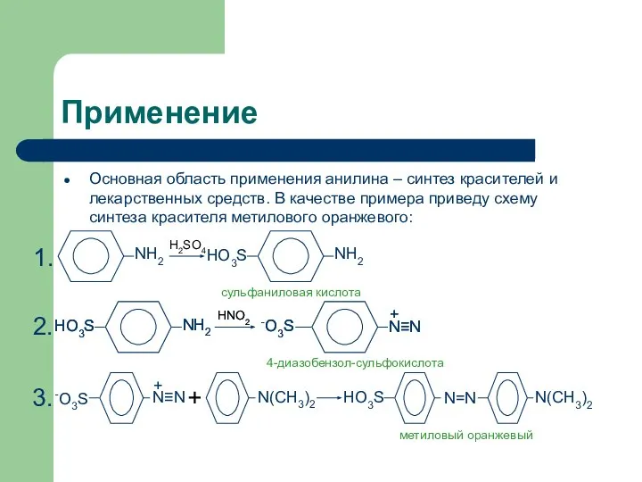 Применение Основная область применения анилина – синтез красителей и лекарственных средств.