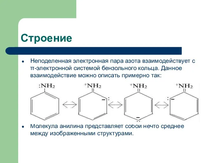 Строение Неподеленная электронная пара азота взаимодействует с π-электронной системой бензольного кольца.