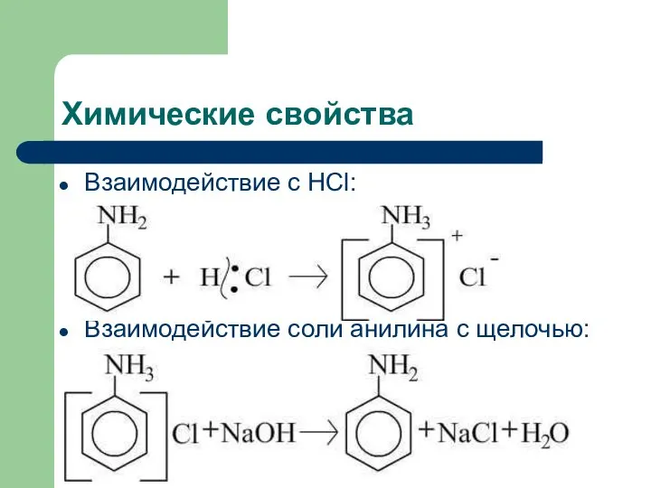 Химические свойства Взаимодействие с HCl: Взаимодействие соли анилина с щелочью: