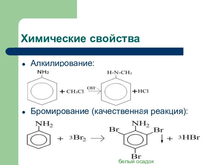Химические свойства Алкилирование: Бромирование (качественная реакция): белый осадок