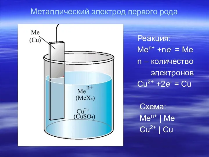 Металлический электрод первого рода Реакция: Men+ +ne- = Me n –