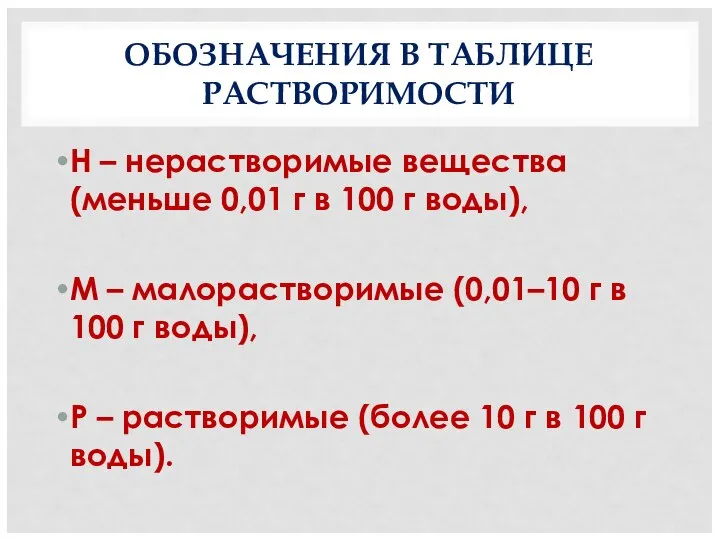 ОБОЗНАЧЕНИЯ В ТАБЛИЦЕ РАСТВОРИМОСТИ Н – нерастворимые вещества (меньше 0,01 г