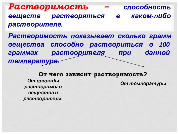 Растворимость – способность веществ растворяться в каком-либо растворителе. Растворимость показывает сколько