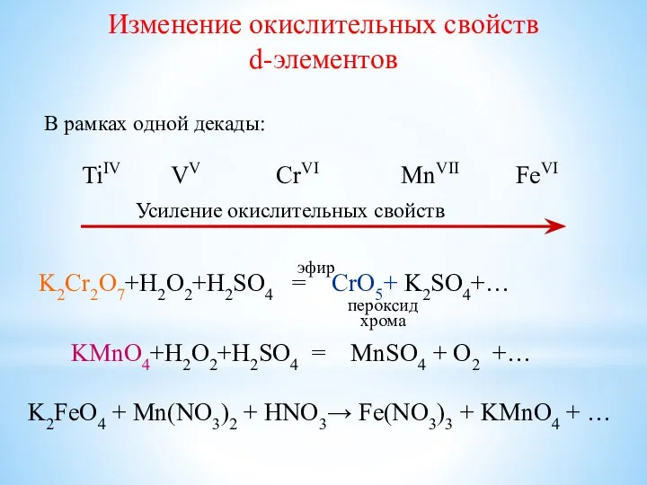 Изменение окислительных свойств d-элементов В рамках одной декады: TiIV VV CrVI