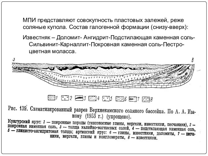 МПИ представляют совокупность пластовых залежей, реже соляные купола. Состав галогенной формации