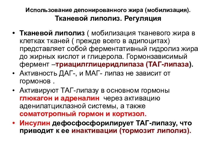 Использование депонированного жира (мобилизация). Тканевой липолиз. Регуляция Тканевой липолиз ( мобилизация