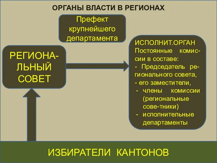 ОРГАНЫ ВЛАСТИ В РЕГИОНАХ ИЗБИРАТЕЛИ КАНТОНОВ РЕГИОНА-ЛЬНЫЙ СОВЕТ ИСПОЛНИТ.ОРГАН Постоянные комис-сии