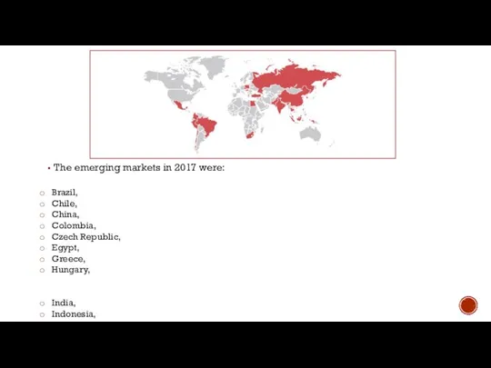 The emerging markets in 2017 were: Brazil, Chile, China, Colombia, Czech