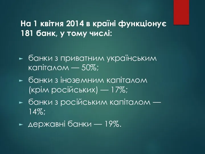 На 1 квітня 2014 в країні функціонує 181 банк, у тому