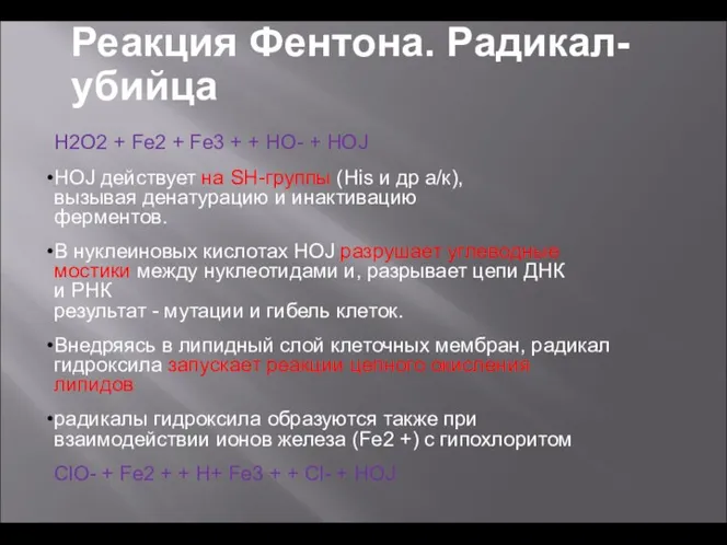 Реакция Фентона. Радикал-убийца H2O2 + Fe2 + Fe3 + + HO-