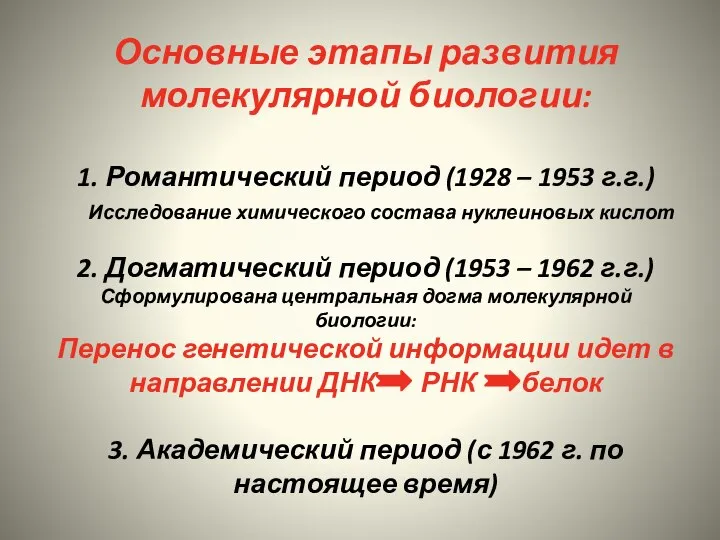 Основные этапы развития молекулярной биологии: 1. Романтический период (1928 – 1953