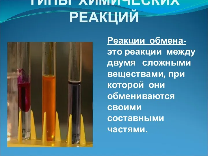 ТИПЫ ХИМИЧЕСКИХ РЕАКЦИЙ Реакции обмена- это реакции между двумя сложными веществами,