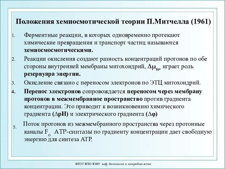 Положения хемиосмотической теории П.Митчелла (1961) Ферментные реакции, в которых одновременно протекают