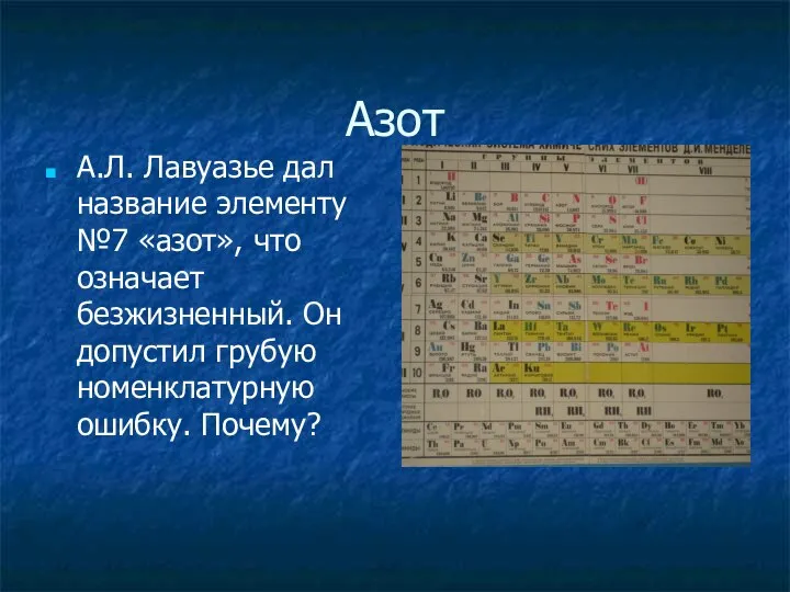 Азот А.Л. Лавуазье дал название элементу №7 «азот», что означает безжизненный.