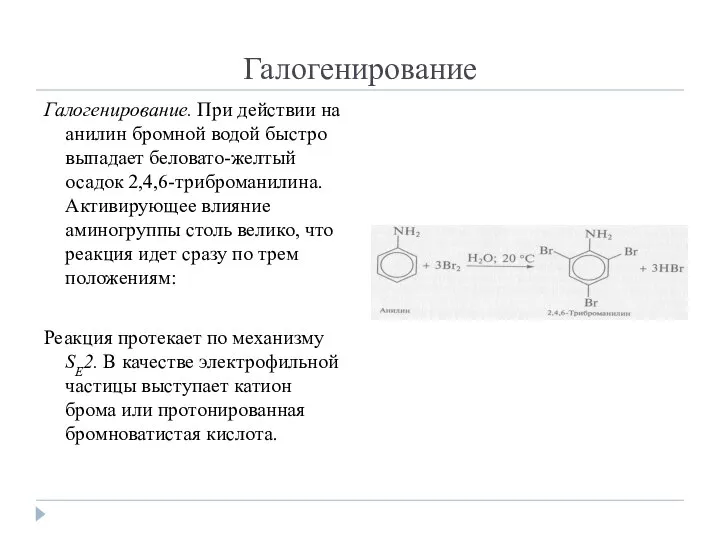 Галогенирование Галогенирование. При действии на анилин бромной водой бы­стро выпадает беловато-желтый