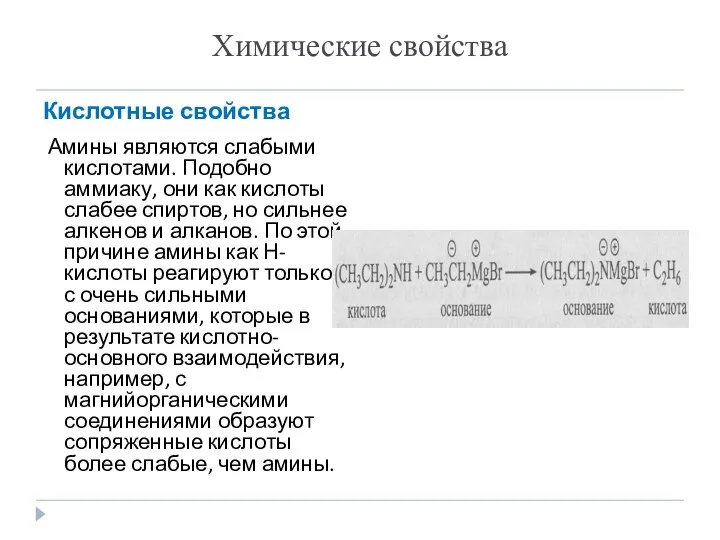 Химические свойства Кислотные свойства Амины являются слабыми кислотами. Подобно аммиаку, они