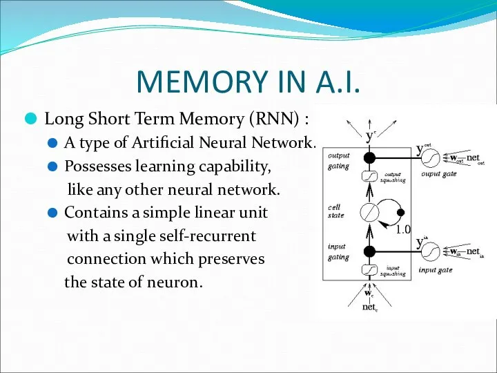 MEMORY IN A.I. Long Short Term Memory (RNN) : A type