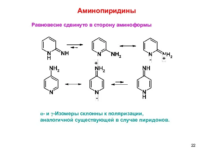 Аминопиридины Равновесие сдвинуто в сторону аминоформы α- и γ-Изомеры склонны к