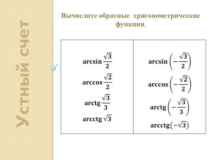 Устный счет Вычислите обратные тригонометрические функции.