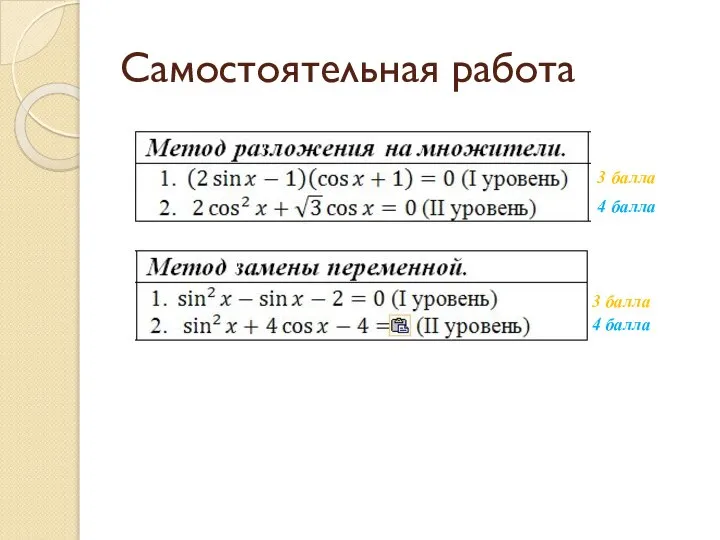 Самостоятельная работа 3 балла 3 балла 4 балла 4 балла