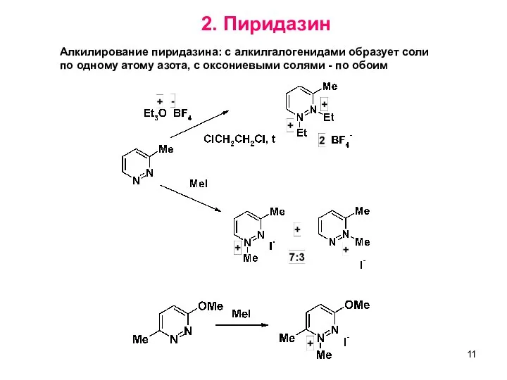 10 2. Пиридазин Алкилирование пиридазина: с алкилгалогенидами образует соли по одному