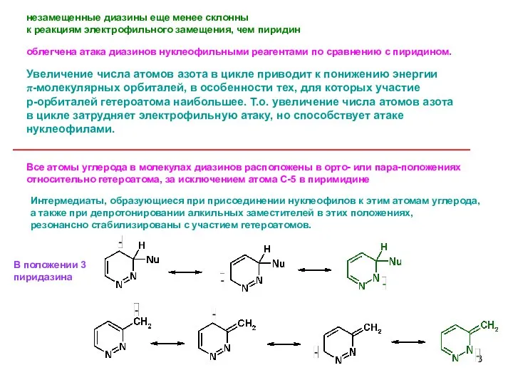 незамещенные диазины еще менее склонны к реакциям электрофильного замещения, чем пиридин