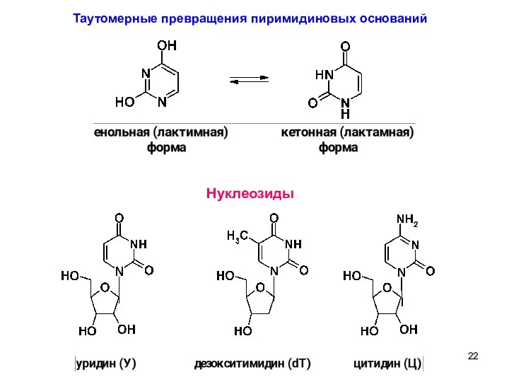 9 Таутомерные превращения пиримидиновых оснований Нуклеозиды