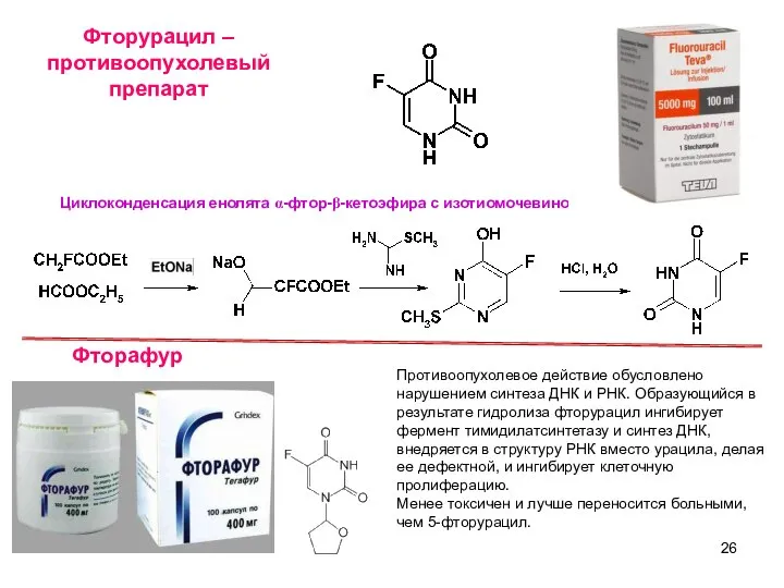 Фторурацил – противоопухолевый препарат Циклоконденсация енолята α-фтор-β-кетоэфира с изотиомочевиной Фторафур Противоопухолевое