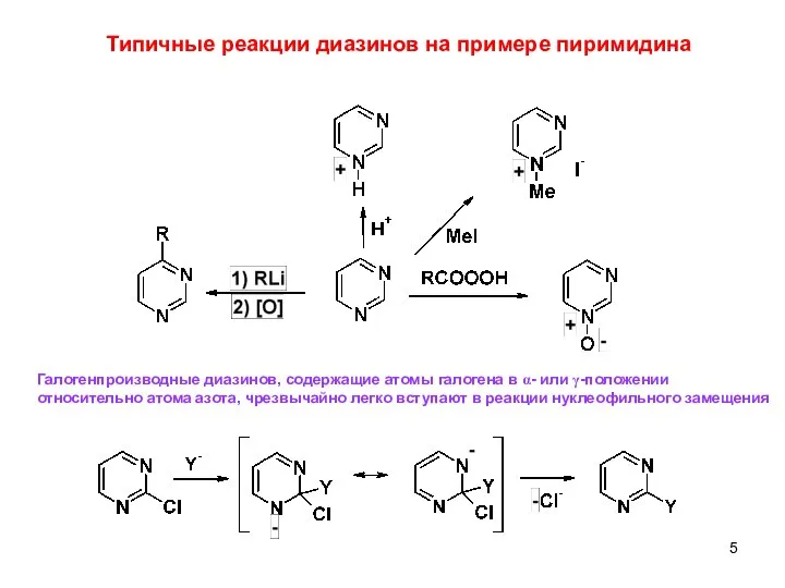 4 Типичные реакции диазинов на примере пиримидина Галогенпроизводные диазинов, содержащие атомы