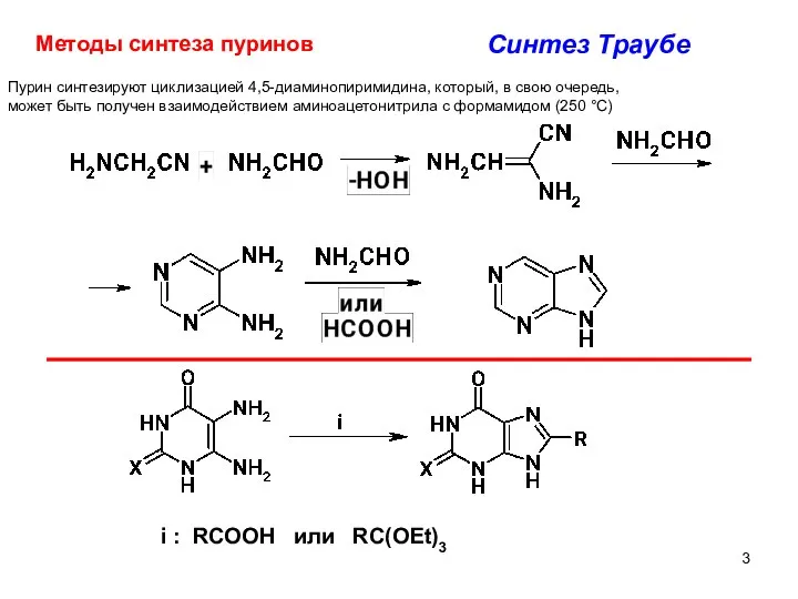 4 Методы синтеза пуринов Пурин синтезируют циклизацией 4,5-диаминопиримидина, который, в свою