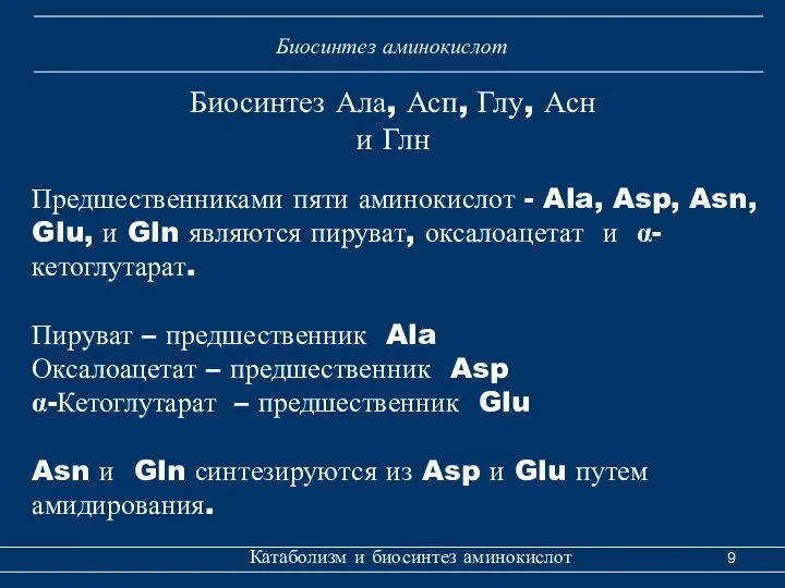 Катаболизм и биосинтез аминокислот Биосинтез аминокислот Биосинтез Ала, Асп, Глу, Асн