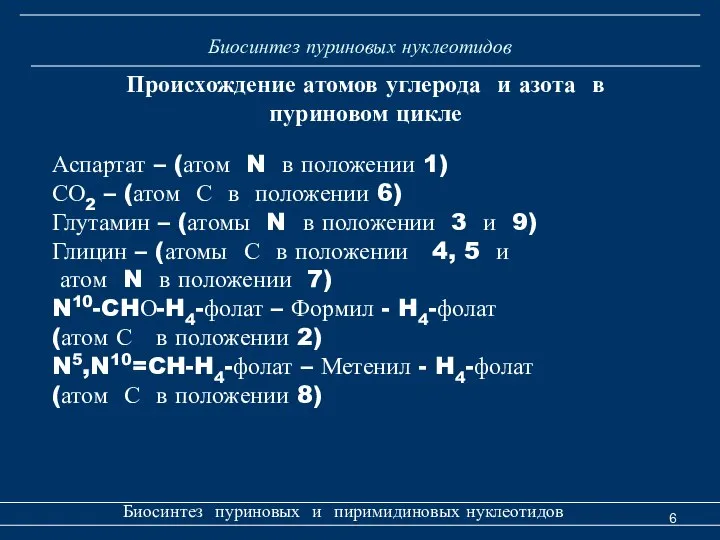 Биосинтез пуриновых нуклеотидов Биосинтез пуриновых и пиримидиновых нуклеотидов Происхождение атомов углерода