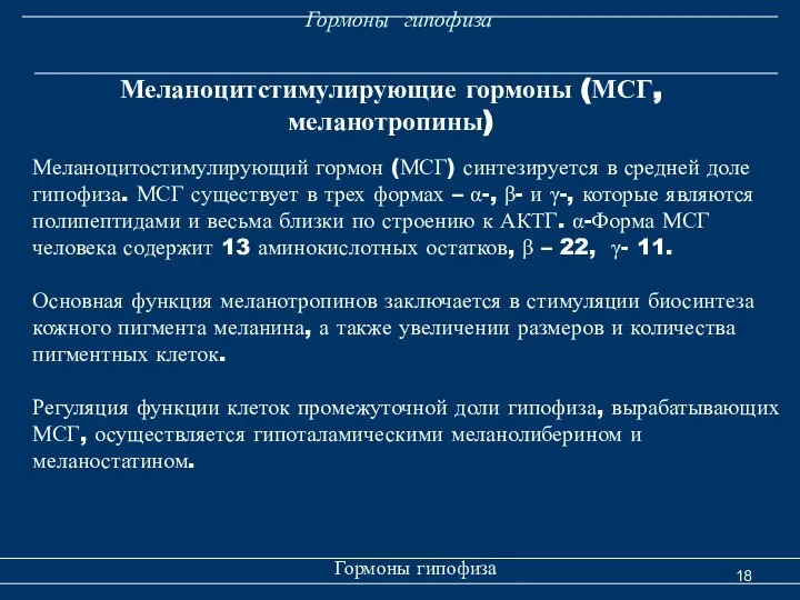 Гормоны гипофиза Гормоны гипофиза Меланоцитстимулирующие гормоны (МСГ, меланотропины) Меланоцитостимулирующий гормон (МСГ)