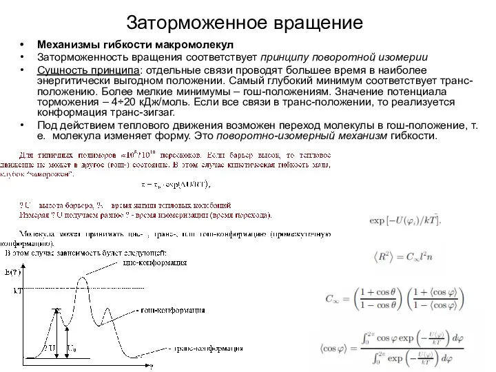 Заторможенное вращение Механизмы гибкости макромолекул Заторможенность вращения соответствует принципу поворотной изомерии