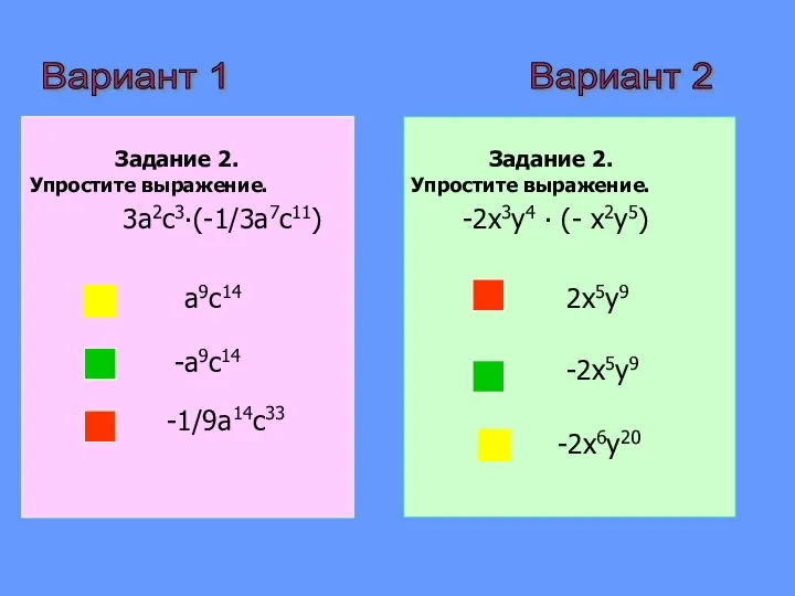 Вариант 2 Вариант 1 Задание 2. Упростите выражение. 3a2с3∙(-1/3a7с11) a9с14 -a9с14