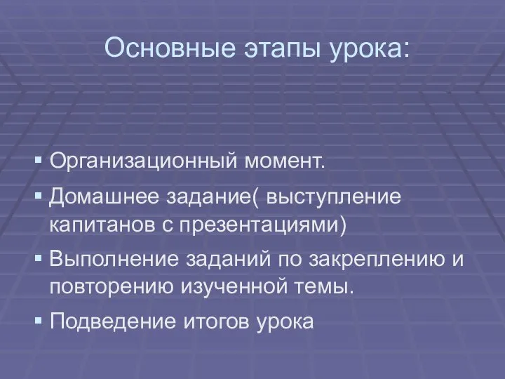 Основные этапы урока: Организационный момент. Домашнее задание( выступление капитанов с презентациями)